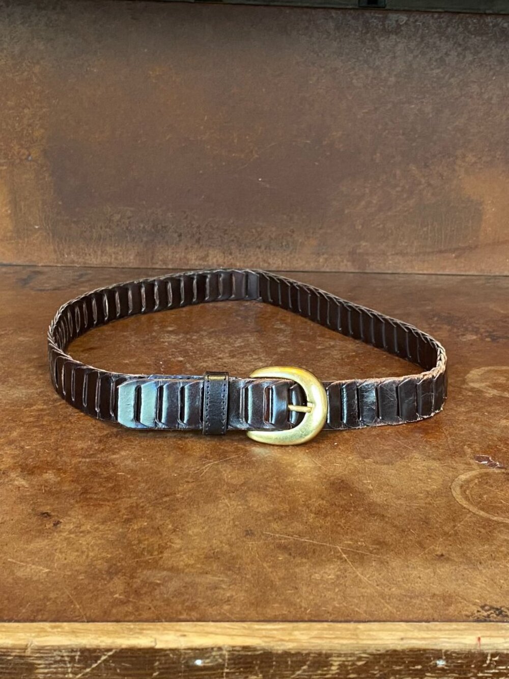 Vintage Brown Leather Belt Interlink Solid Brass Buckle Medium Large